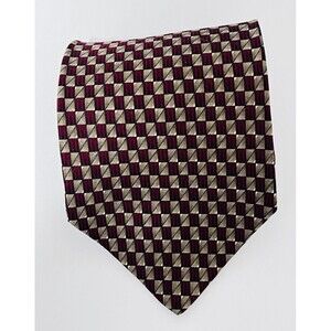 Vintage Ziggurat Men’s 100% Silk Tie Burgundy Gold Geometric By Mulberry 4x59”
